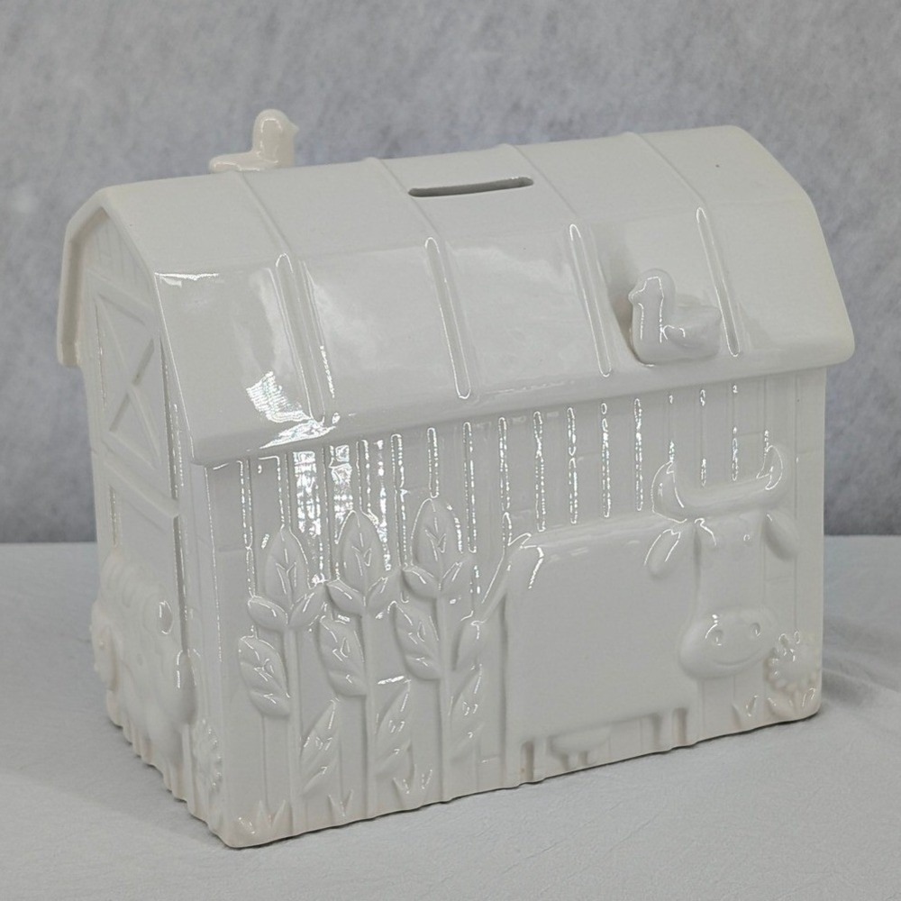 Hallmark Ceramic Barn Piggy Bank White Embossed Farm Animals Nursery Decor Gift